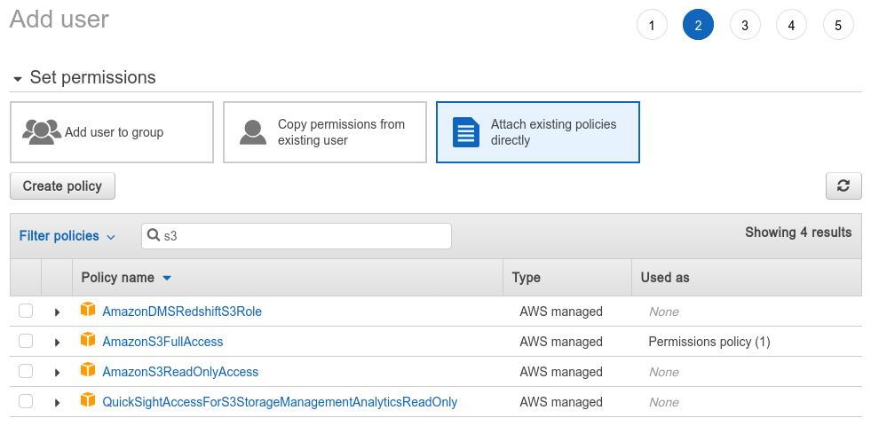 A screenshot showing the policies displayed under the "Set permissions" tab, with a search filter of "S3". The policies displayed are: AmazonDMSRedshiftS3Role, AmazonS3FullAccess, AmazonS3ReadOnlyAccess and QuickSightAccessForS3StorageManagementAnalyticsReadOnly, all of which are with type AWS managed.