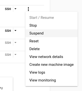 A drop down menu with options "start/resume", "stop", "suspend", "reset" etc. The suspend option is highlighted.